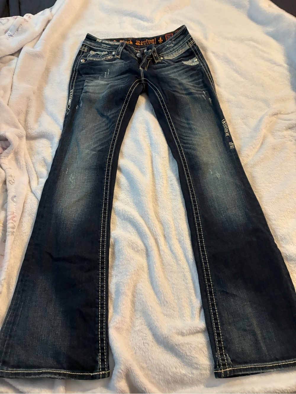 Rock Revival Dark Blue Flared Jeans with Contrast Stitching